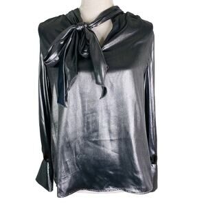 Who What Wear Tie Neck Blouse M Gunmetal Silver Futuristic New